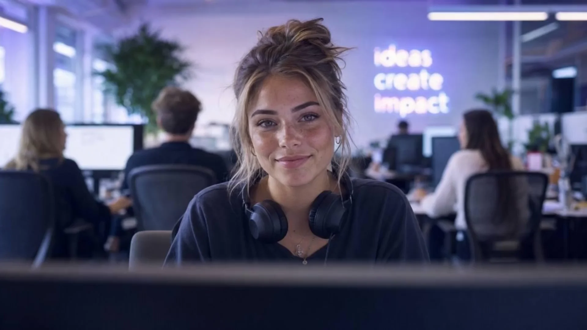 A young woman with freckles and headphones around her neck, seen from her monitor in a bright creative office